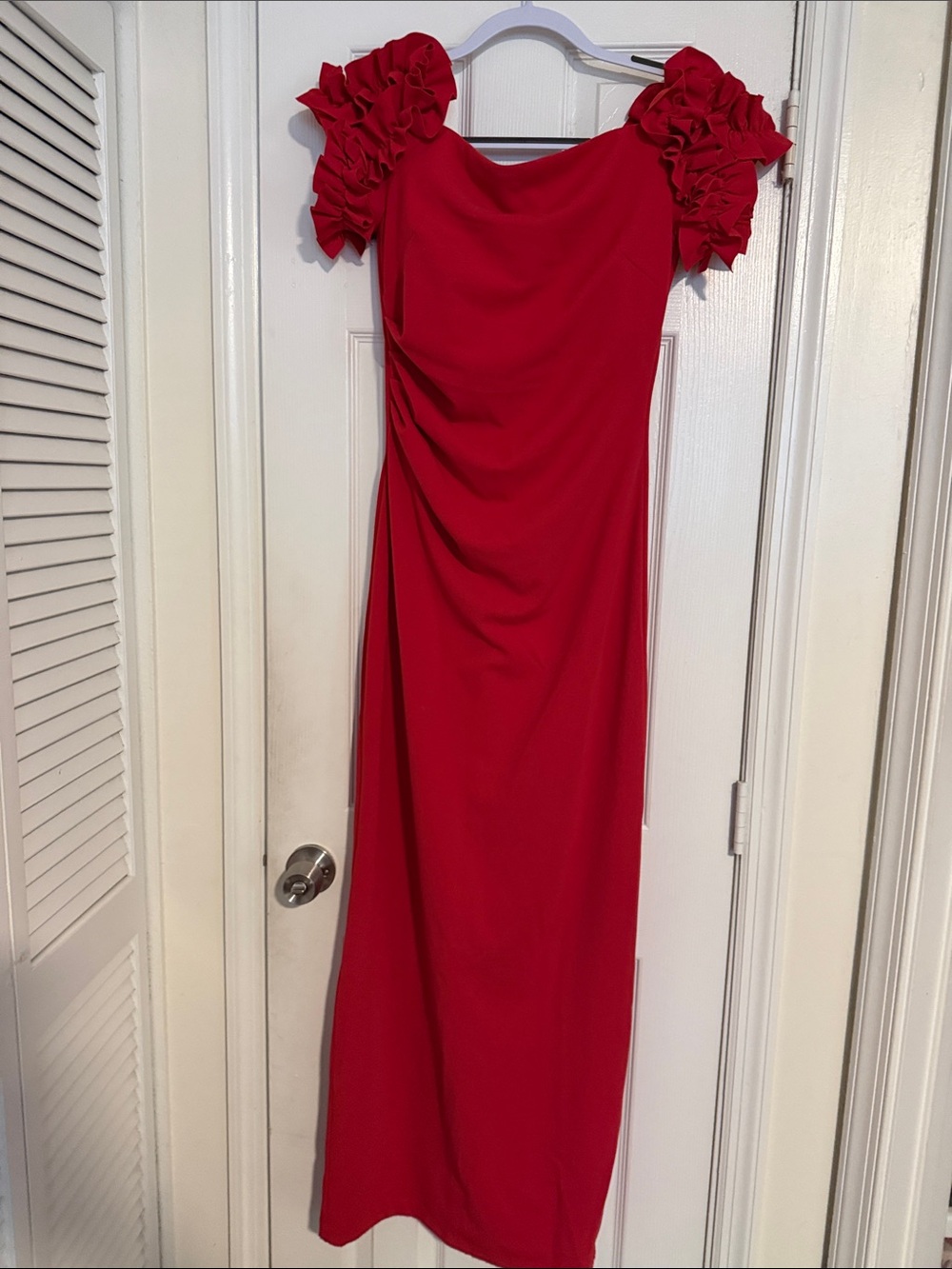 Red Ruffle-Sleeve Maxi Dress
